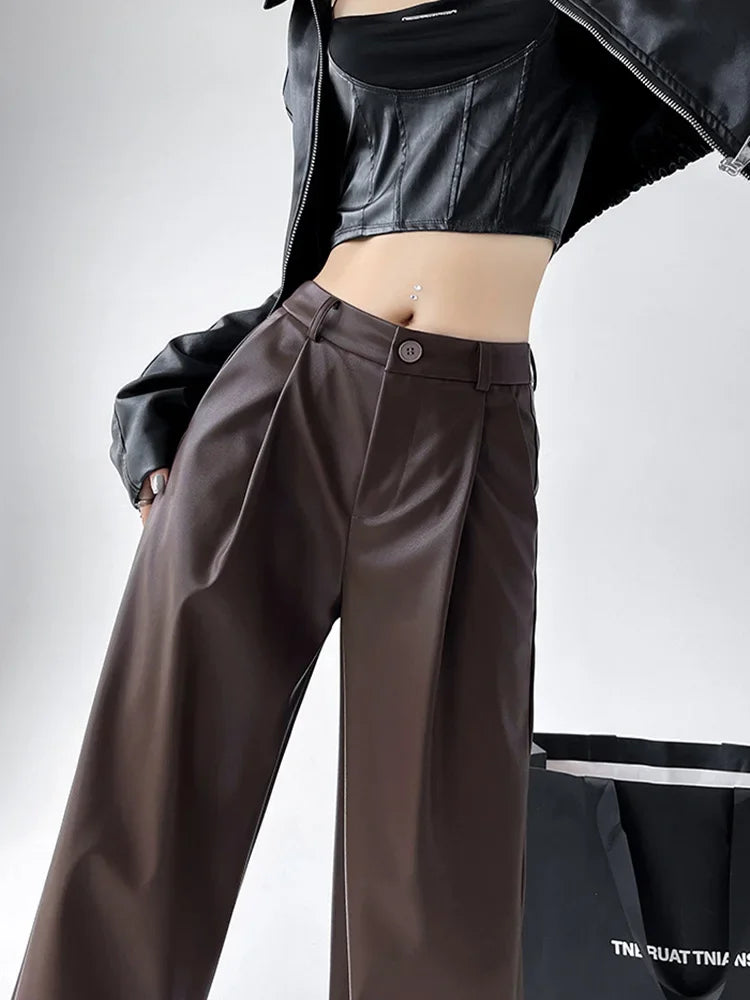 Women's Wide Leg Pants PU Straight Pants Autumn New Fashion Pantalones Mujer Solid Black Brown Leather Pants Women Streetwear