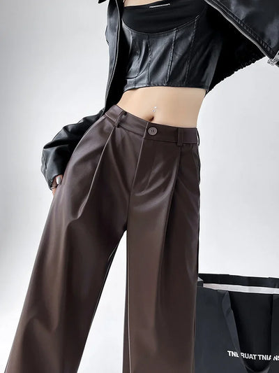 Women's Wide Leg Pants PU Straight Pants Autumn New Fashion Pantalones Mujer Solid Black Brown Leather Pants Women Streetwear