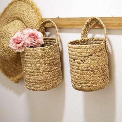 Garden Plant Flower Pot Handmade Rattan Storage Basket Foldable Seagrass Straw Hanging Woven Handle Toy Storage Container 1Pc