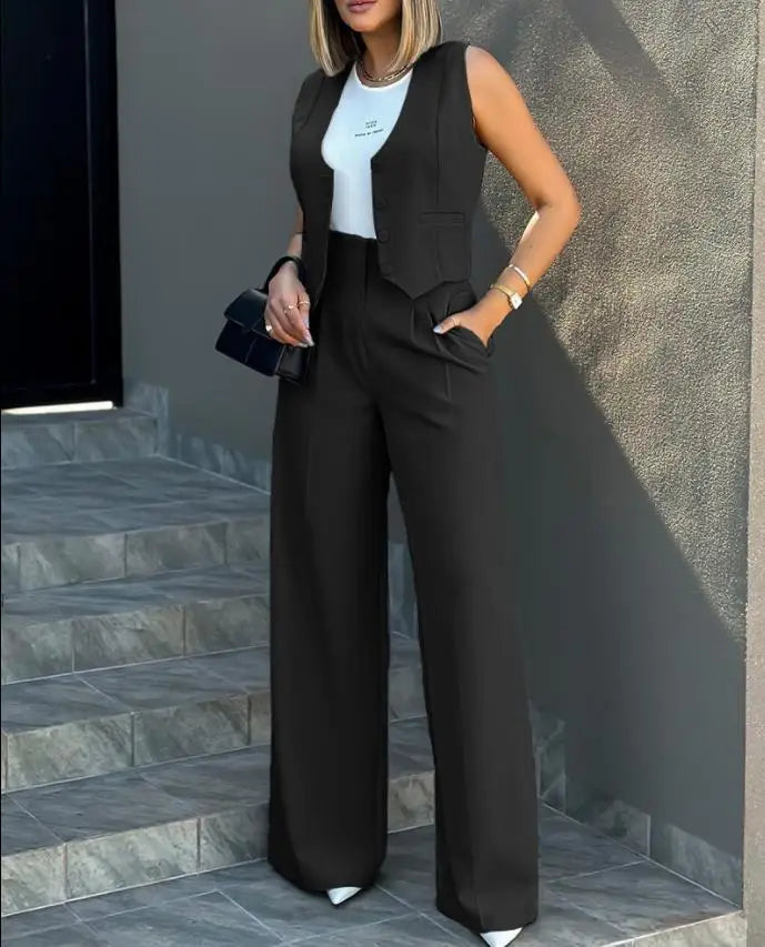Trousers Suit Women's Vest Trousers Suit Elegant Loose Regular Work Suit High Waist Wide-leg Trousers 2-piece Street Suit