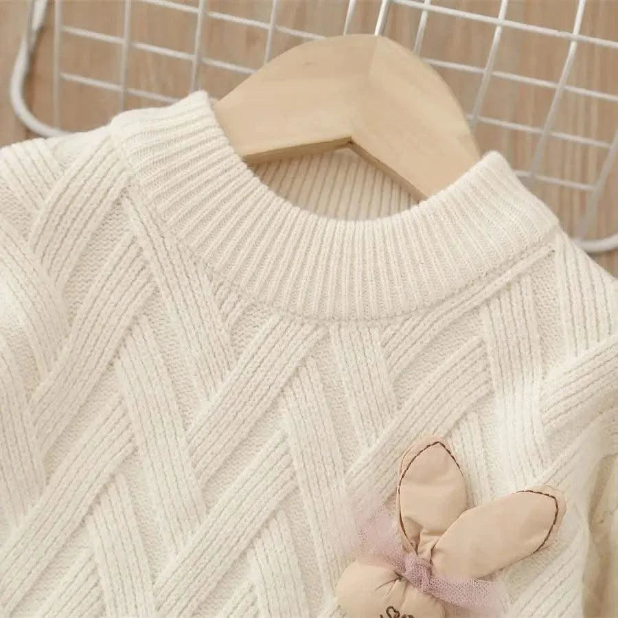 Two-Piece Kids Rabbit Appliques Sweater Tops With Pleated Skirt Suit |Casual Clothes Girls, Children | Autumn Outfits