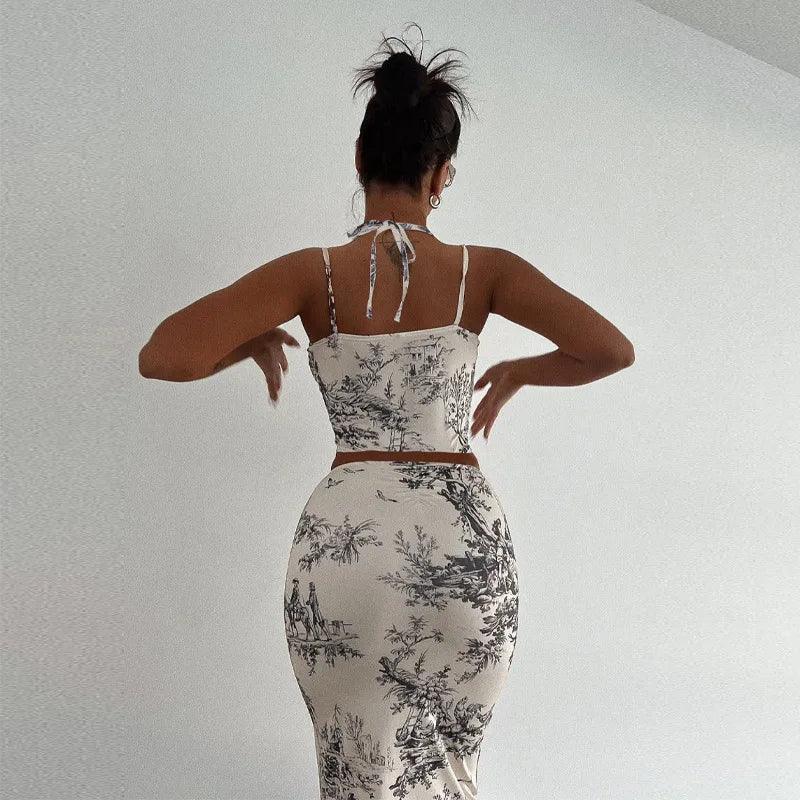 Elegant Casual Printed Tracksuits for Women 2 Piece Sexy Fashion Slash Neck Sleeveless (Tops+Skirt) Slim Fit Hip Wrap Female Set