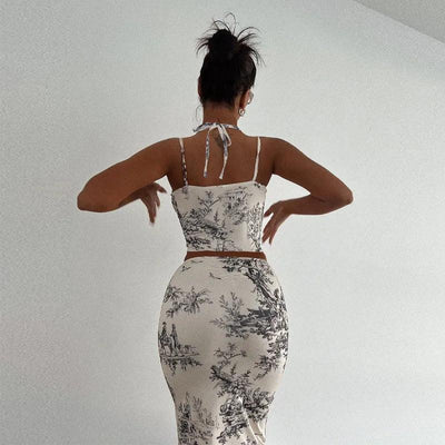 Elegant Casual Printed Tracksuits for Women 2 Piece Sexy Fashion Slash Neck Sleeveless (Tops+Skirt) Slim Fit Hip Wrap Female Set