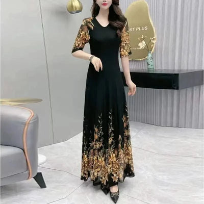 Women's Clothing Stylish Floral Printed Long Dress Summer Short Sleeve Casual Gauze Spliced Elegant V-Neck A-Line Waist Dresses