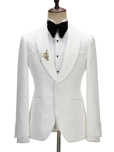 2025 Men's Suit for Wedding Ivory Jacquard Shawl Lapel White Jacket Black Pants with Satin Side Stripe Jacket Tuxedo Slim Fit - Elanique