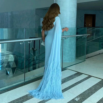 Sharon Said Elegant Light Blue Evening Dresses for Wedding with Feathers Cape Luxury Dubai Formal Party Dress SF289 Customized
