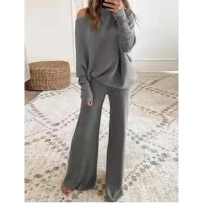 Autumn Winter Fashion 2pcs Suits 2024 Women Outfits Slanted Neck Off Shoulder Top Wide Leg Pants Two-piece Set Women Tracksuits