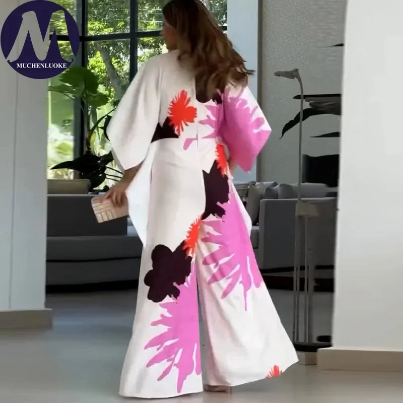 Jumpsuits for Woman Summer Printing Three Quarter Sleeves V Neck Jumpsuits Fashionable Casual Loose Women's Wide-leg Jumpsuit