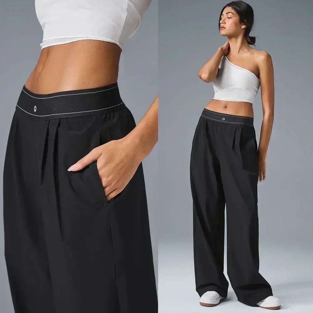 High-waisted wide-legged trousers women summer yoga trousers drape loose straight trousers thin elastic casual versatile
