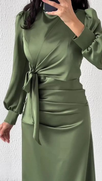 Dresses for Women 2024 Autumn Elegant Fashion Temperament Commuting Long Sleeves Round Neck Skinny Satin Party Evening Dress