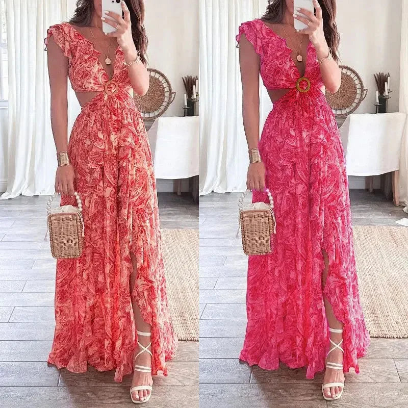 2025 Dress For Women Spring New Printed Deep V Sexy Exposed Waist Hollow Pleated Slit Long Dress Elegant Birthday Party Vestidos - Elanique