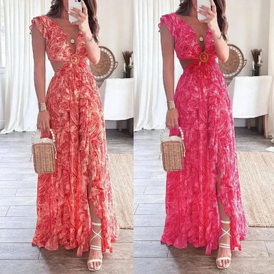 2025 Dress For Women Spring New Printed Deep V Sexy Exposed Waist Hollow Pleated Slit Long Dress Elegant Birthday Party Vestidos - Elanique
