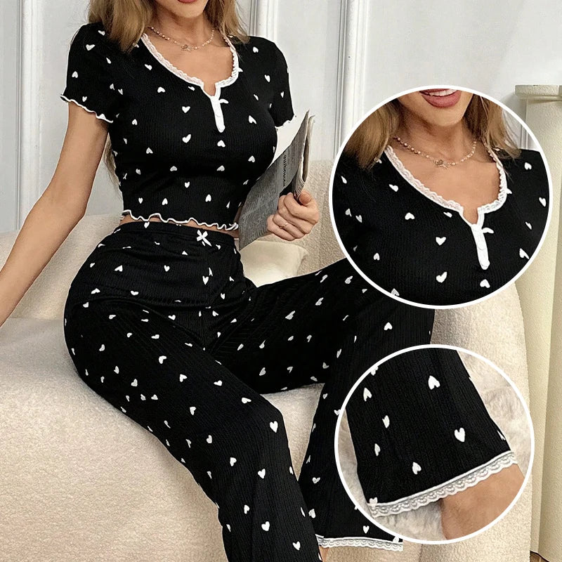 Womens' Casual Pajamas Set Love Print Black Casual Lounge Wear Decorative Button Lace Edge Short Sleeve Pants