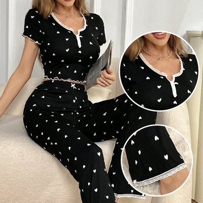Womens' Casual Pajamas Set Love Print Black Casual Lounge Wear Decorative Button Lace Edge Short Sleeve Pants