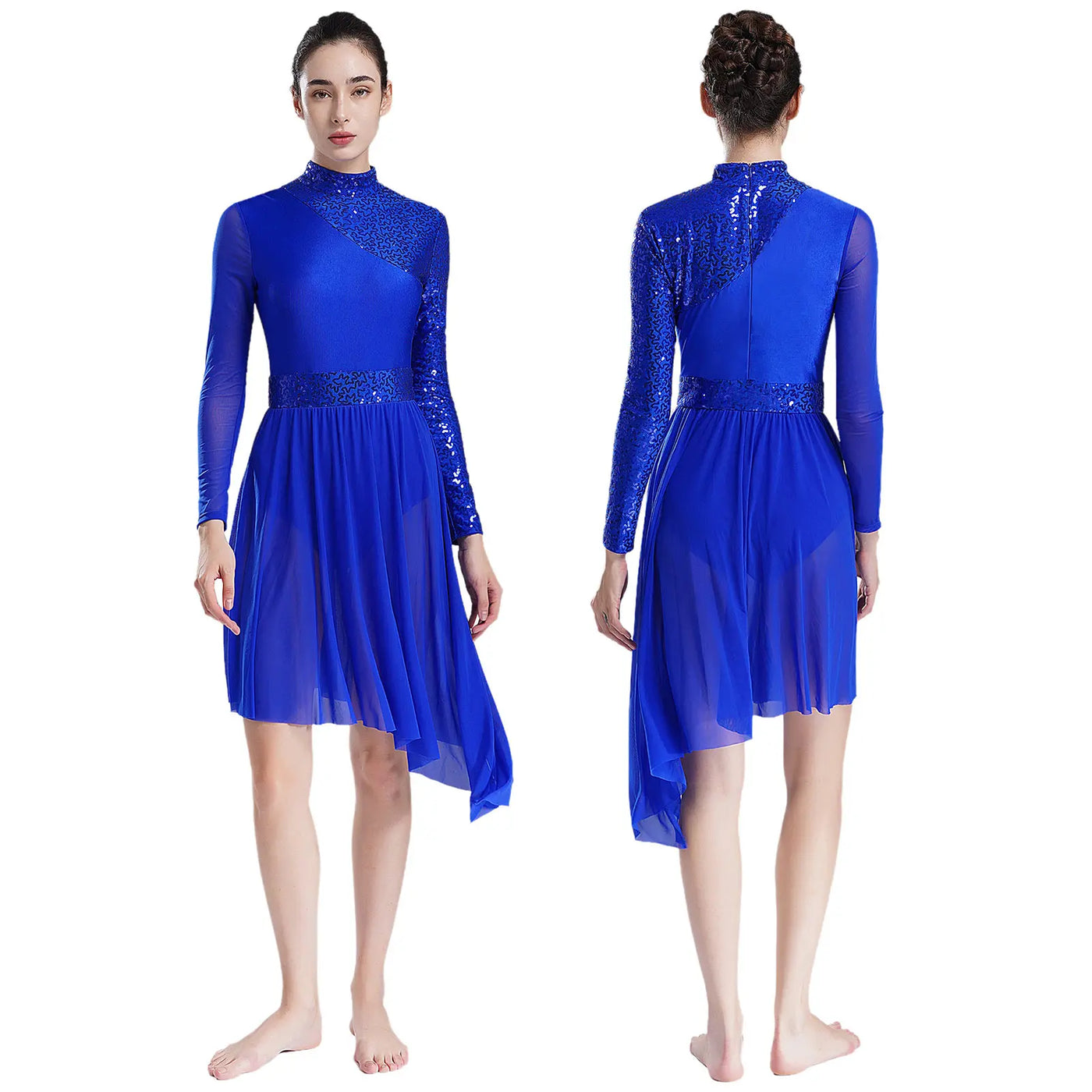 Women Modern Lyrical Dress Camisole Dance Costume Ballet Asymmetric High-Low Mesh Skirted Sleeveless Leotard Gymnastic Dancewear