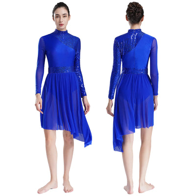 Women Modern Lyrical Dress Camisole Dance Costume Ballet Asymmetric High-Low Mesh Skirted Sleeveless Leotard Gymnastic Dancewear