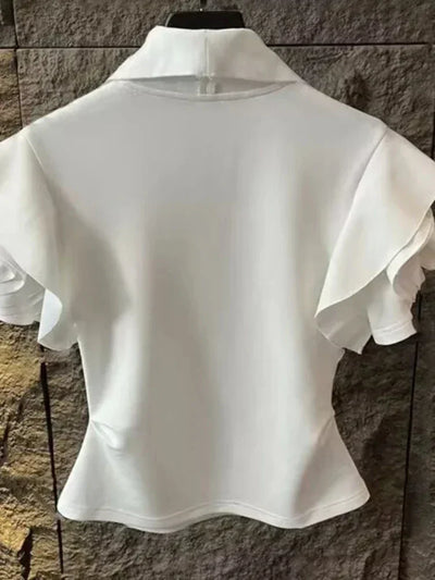 2025 Shirts for Women Ruffles Turn Down Collar Tshirt Fashion Temperament Party Zipper Y2K Tops Korean Summer White Pleated Tees