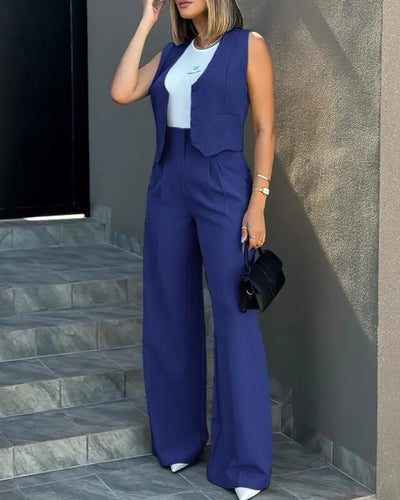 Trousers Suit Women's Vest Trousers Suit Elegant Loose Regular Work Suit High Waist Wide-leg Trousers 2-piece Street Suit