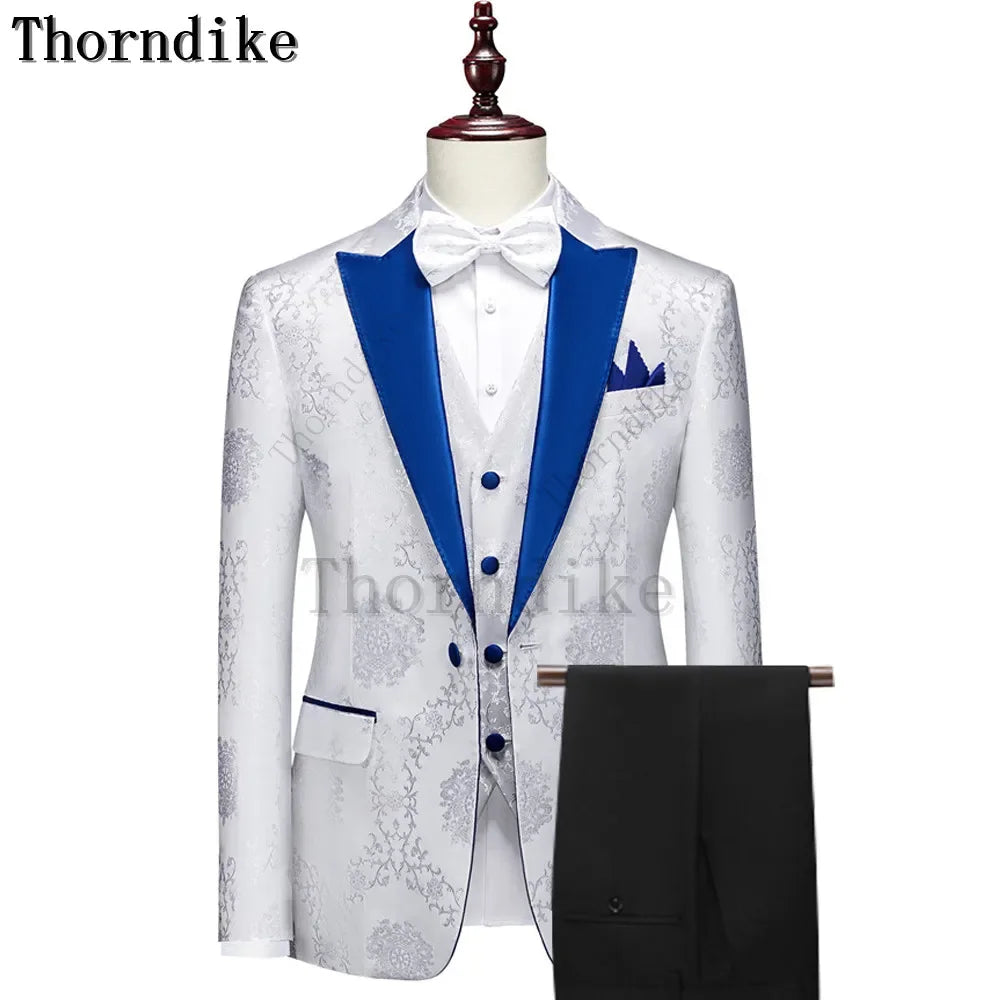 Thorndike Classic White Groom Tuxedo Groomsmen One Buttons Royal Blue Peaked Lapel Best Man Suit Wedding Men's Blazer Costume