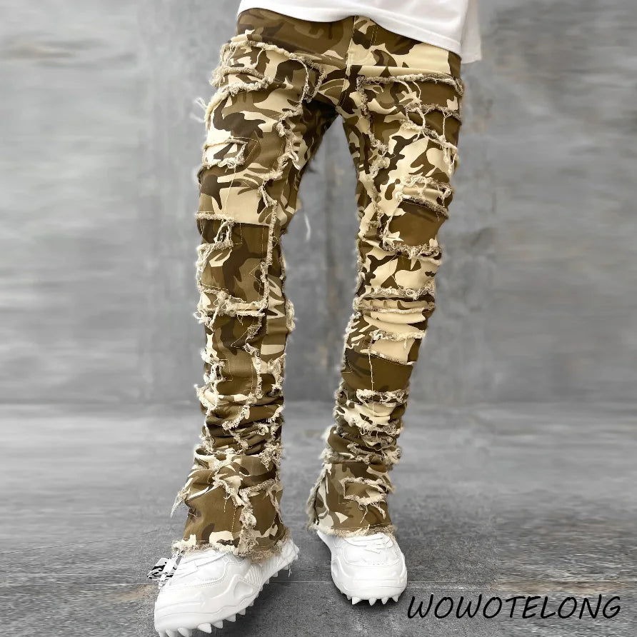New Fashion Stretch Jeans Man Stacked Jeans Elastic Waist Straight Fit Patchworks Denim Long Pants Fringe Ripped Jeans For Men