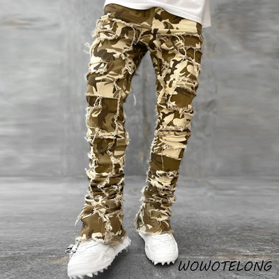 New Fashion Stretch Jeans Man Stacked Jeans Elastic Waist Straight Fit Patchworks Denim Long Pants Fringe Ripped Jeans For Men