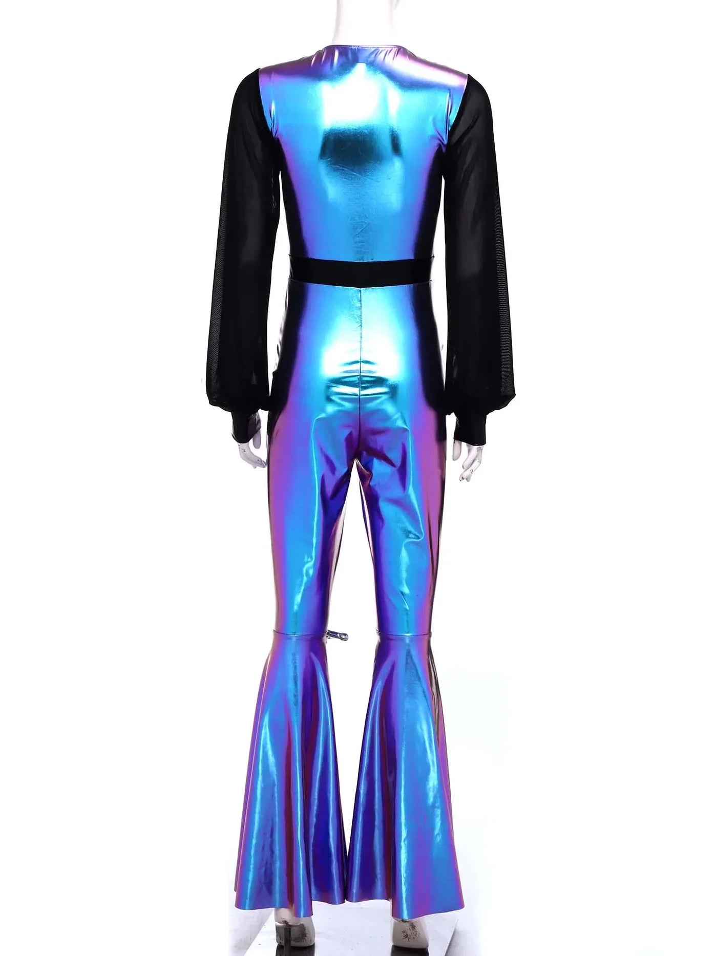 Womens Vintage 70s 80s Disco Dance Jumpsuit Mesh Long Sleeve Bell Bottom Pants Metallic Shiny Rompers Bodysuit Halloween Costume