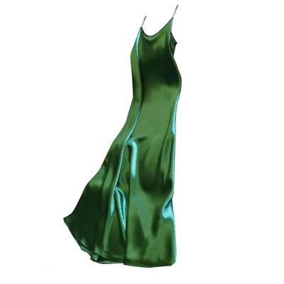 Women Slip Dress Silky Satin V Neck Backless Sleeveless Spaghetti Strap Prom Party Dress A-line Loose Hem Strappy Dress