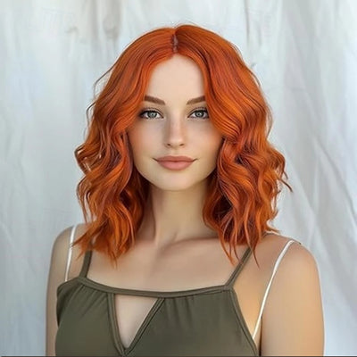 HAIRJOY Synthetic Hair Wavy Wigs for Women Short  Middle Part Curly  Bob Wig  Heat Resistant Fiber Wig for Daily Party Use