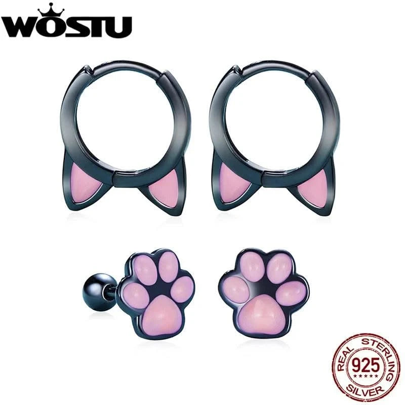 WOSTU Real 925 Sterling Silver Cat Ear Hoop Earrings For Women Lovely Pink Cute Pet Paw Studs Clips Girl Unique Jewelry Gift