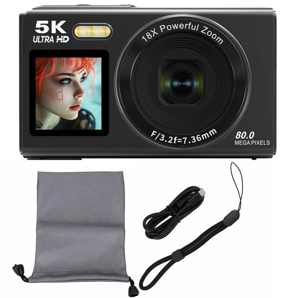Digital Camera CCD Dual Screen Portable Digital Camera with18X Zoom 5K Vlogging Camera 80MP CCD Selfie Camera with 64GB Card