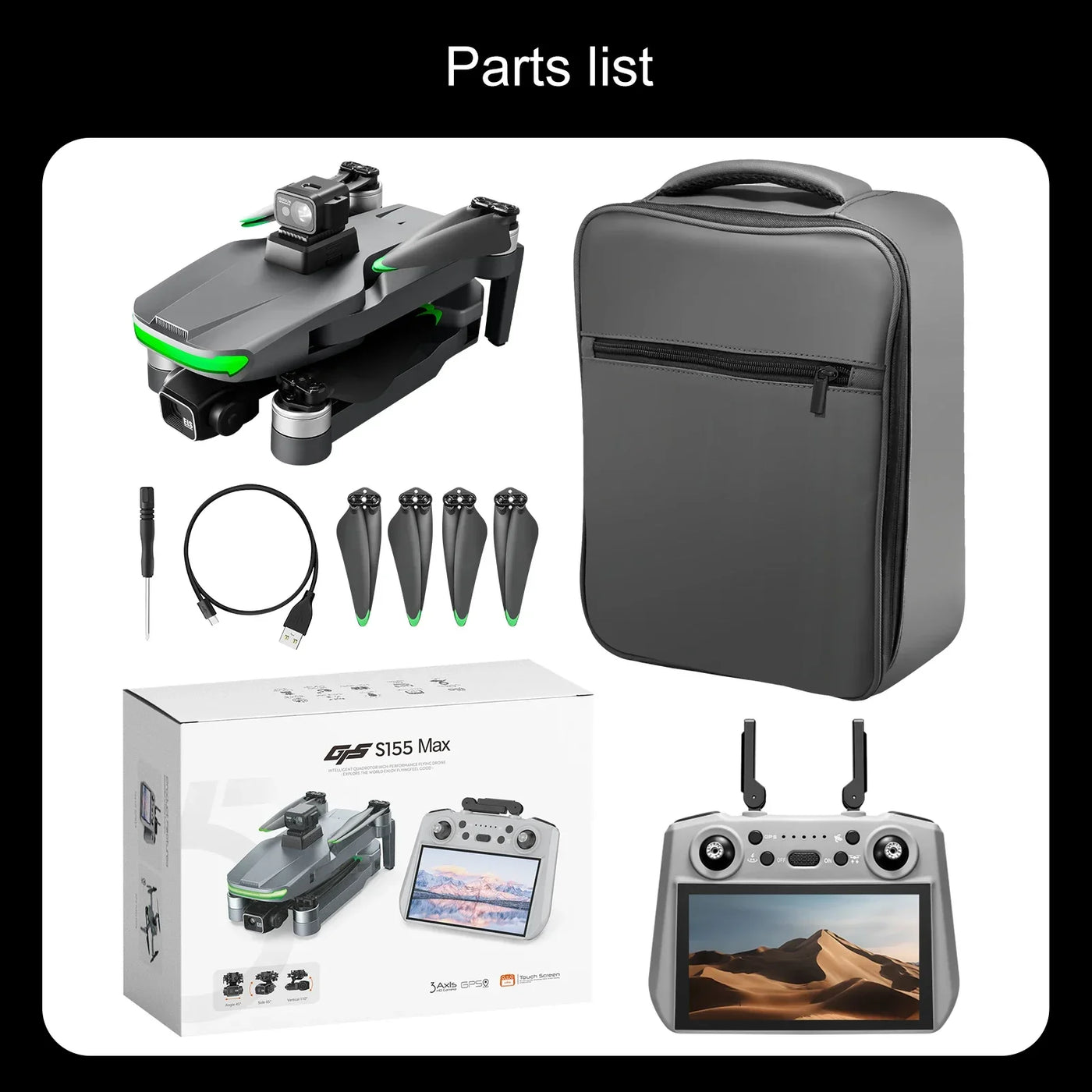 S155 GPS Drone Professional HD Camera 7.2-inch Touch Screen 3-Axis Gimbal EIS Relay Aircraft Laser Obstacle Avoidance Dron Toy