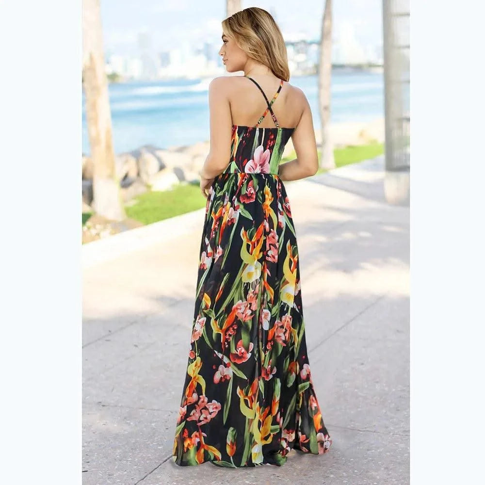 Floral Dress Women's Summer Dress Sexy Backless V-neck Suspender Long Dress