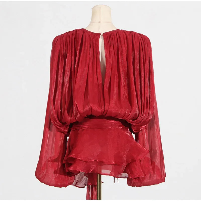Ruffles Mini Dress Women Lace Up  V Neck Long Sleeve Pleated Female Dresses 2025 Elegant Summer Autumn Street Loose Ladies Robes