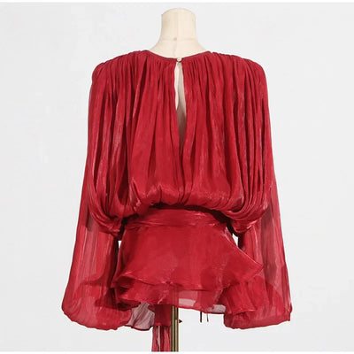 Ruffles Mini Dress Women Lace Up  V Neck Long Sleeve Pleated Female Dresses 2025 Elegant Summer Autumn Street Loose Ladies Robes