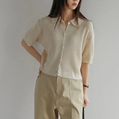 Women's Shirt Knit Solid-colored Short-sleeved Sweaters Tops All-match Pullovers T-shirt Polo-neck Crop Tops Girl's Tees Summer
