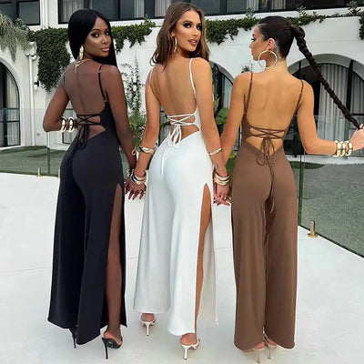 Women Jumpsuit Spaghetti Straps Side High Split Slim Fit Sexy Backless Lace Up Summer Ladies Casual Pants Long Romper Overall