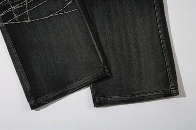 Trendy Brand American Retro Tooling Jeans Mens High Street Heavy Industry Embroidery Loose Wide-leg Trousers