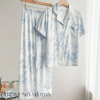 Fashion Elegant Female Pajamas Lounge Wear Set Sexy Print Flower Sleepwear Trouser Suits Spring Summer Loose Satin Home Wear