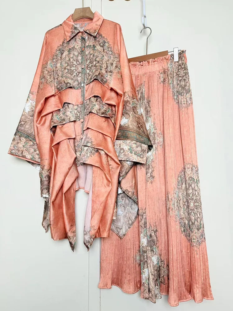 2025 Summer Women's Retro Geometric Printed Multi layered Flaw Loose Irregular Shirt Set+High Waist Wide Leg Pants Fashion Set