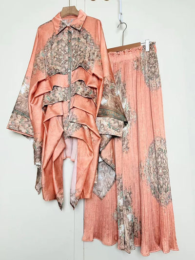 2025 Summer Women's Retro Geometric Printed Multi layered Flaw Loose Irregular Shirt Set+High Waist Wide Leg Pants Fashion Set