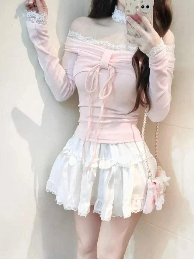 Design Sweet Off Shoulder Pink T-Shirts Women