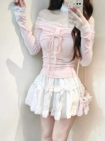 Design Sweet Off Shoulder Pink T-Shirts Women