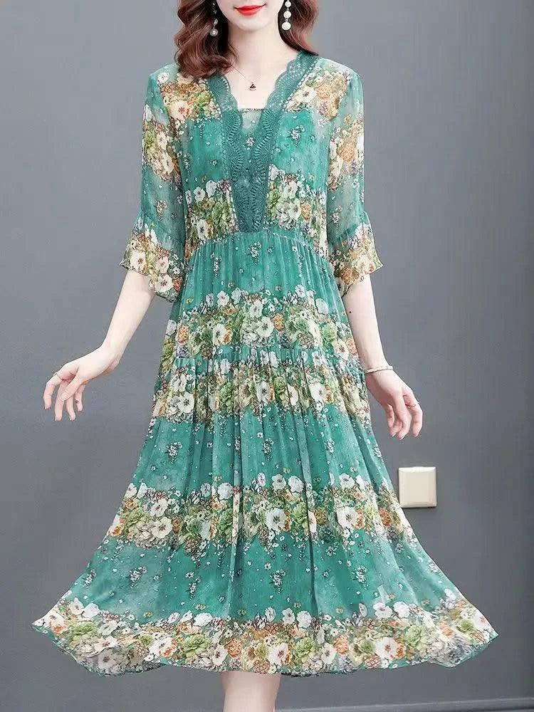 Women's floral print summer dress, new long dress for luxury middle-aged women