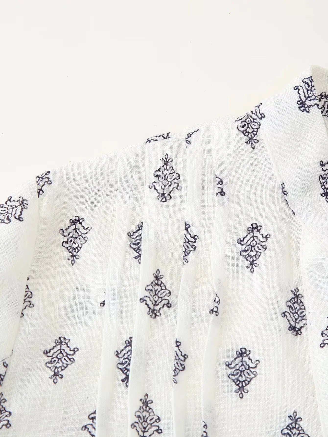 2025 Women's New Fashion Hundred Tops Puffy Sleeve Cotton Linen Printed Shirt