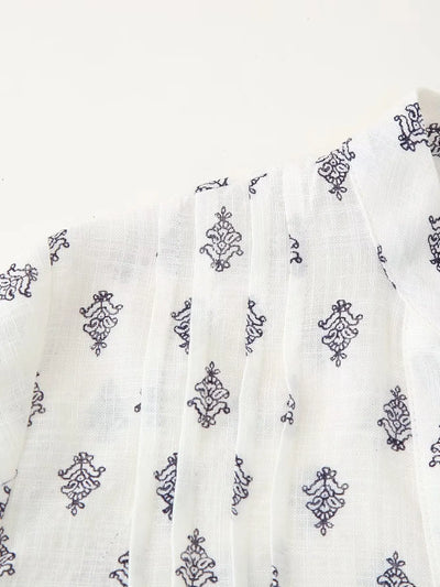 2025 Women's New Fashion Hundred Tops Puffy Sleeve Cotton Linen Printed Shirt