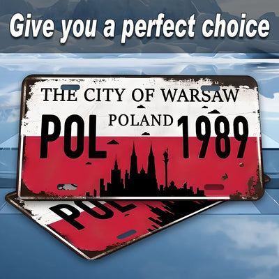 Warsaw 1989 Aluminum Wall Art -  Retro Metal License Plate with Cityscape Design, Polish Flag & "POL" Text, Durable Decor for H