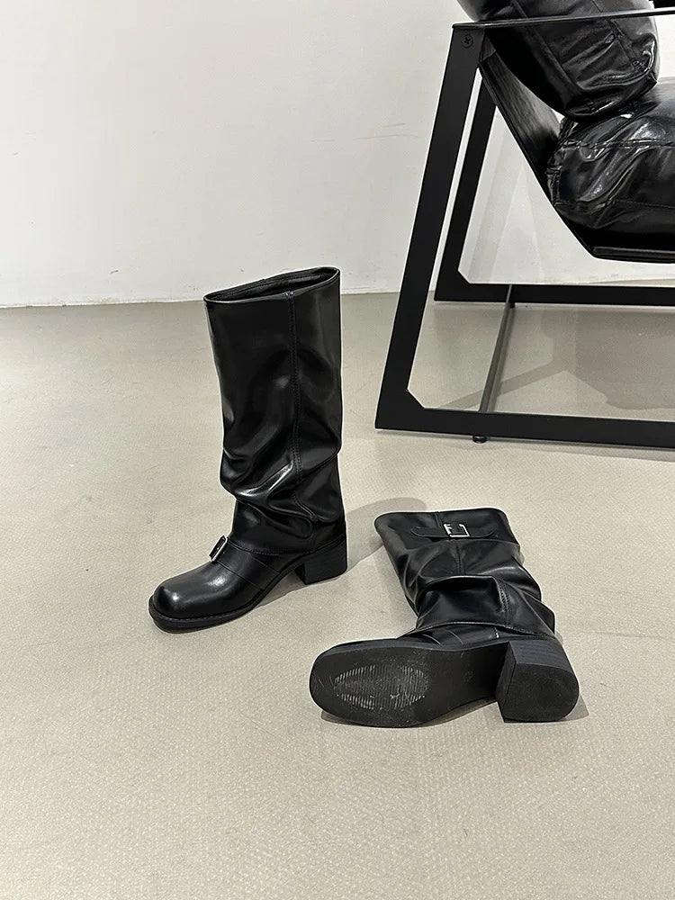 Woman Boots Knee High Platform Chunky Heels Trend Punk Gothic New Rock Leather Fashion Women's Shoes Motorcycle Footwear