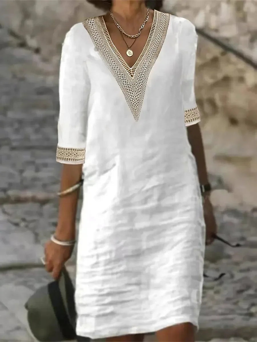 Women's Casual Midi Dresses 2025 Spring/summer Lace Cotton Linen White Dress Robes Vestido Branco Vestidos Vestidos De Mujer