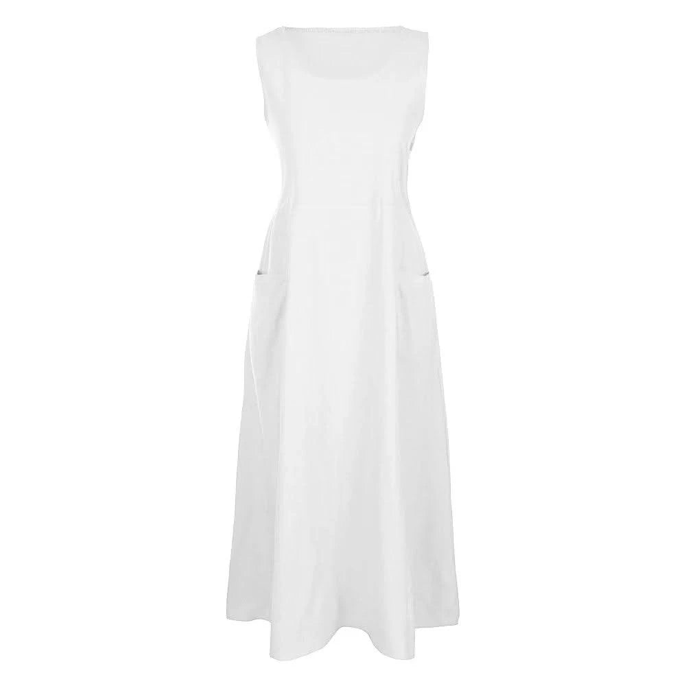 Cotton Linen Sleeveless Dress for Women Summer Pullover Skirt Vestidos Fashion Female Clothing Short Sleeved Loose Long Dress