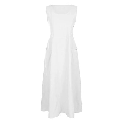 Cotton Linen Sleeveless Dress for Women Summer Pullover Skirt Vestidos Fashion Female Clothing Short Sleeved Loose Long Dress